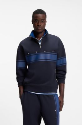 Sweat en coton &agrave; encolure zipp&eacute;e et rayures imprim&eacute;es, Bleu fonc&eacute;