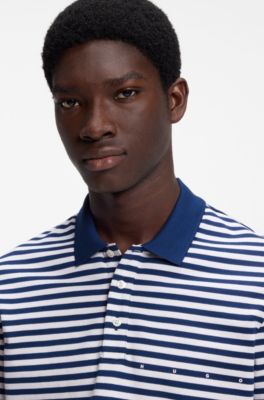 Cotton-piqu&eacute; polo shirt with horizontal stripe, White / Blue