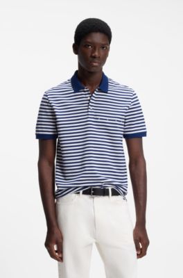 Cotton-piqu&eacute; polo shirt with horizontal stripe, White / Blue