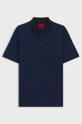 Cotton-piqu&eacute; polo shirt with horizontal stripe, Black / Dark Blue