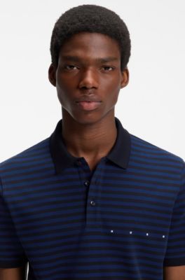 Cotton-piqu&eacute; polo shirt with horizontal stripe, Black / Dark Blue