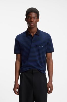 Cotton-piqu&eacute; polo shirt with horizontal stripe, Black / Dark Blue