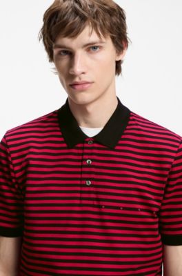 Cotton-piqu&eacute; polo shirt with horizontal stripe, Black / Red