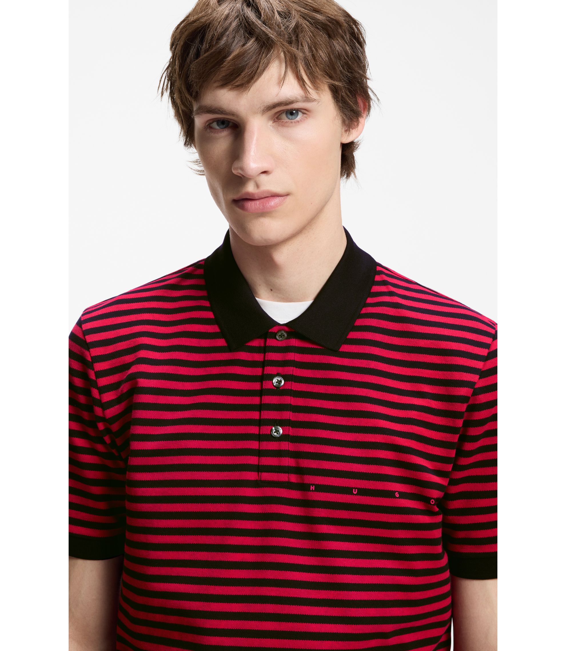 HUGO - Cotton-piqué polo shirt with horizontal stripe - Black / Red
