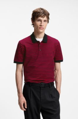 Cotton-piqu&eacute; polo shirt with horizontal stripe, Black / Red