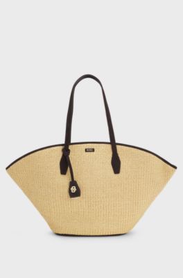 Tote Bag aus Raffia mit Lederbesatz, Beige