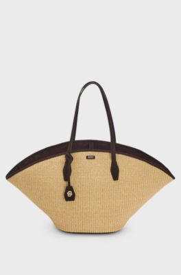 Raffia tote bag with leather trims, Beige