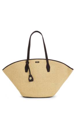 Raffia tote bag with leather trims 1