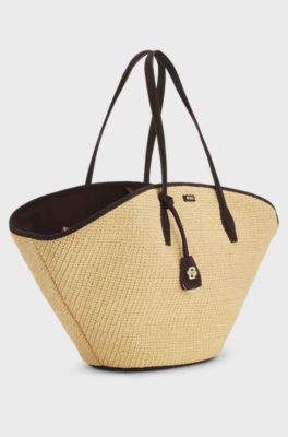 Tote bag i raffia med l&aelig;derdetaljer, Beige