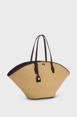 Raffia tote bag with leather trims, Beige