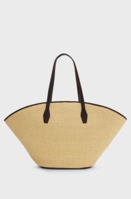 Tote Bag aus Raffia mit Lederbesatz, Beige
