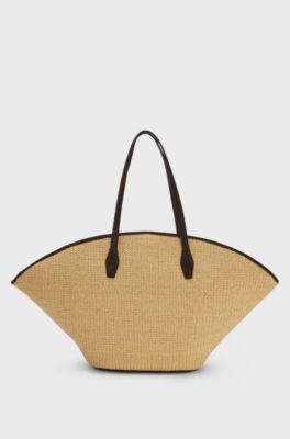 Raffia tote bag with leather trims, Beige