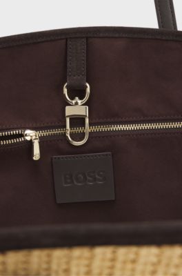 Raffia tote bag with leather trims, Beige