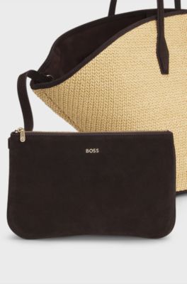 Draagtas van raffia met leren details, Beige