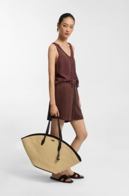 Borsa tote in rafia con rifiniture in pelle, Beige