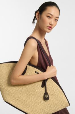 Bolso tote de rafia con apliques de piel, Beige