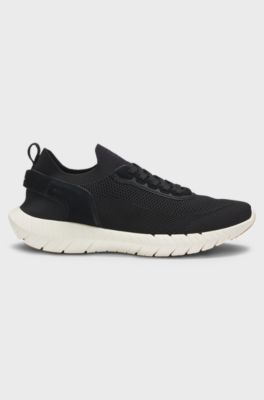 BOSS-MOTION trainers with knitted uppers and leather trims, Black