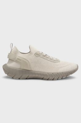 BOSS-MOTION trainers with knitted uppers and leather trims, Light Beige