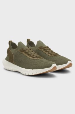 BOSS-MOTION trainers with knitted uppers and leather trims, Olive