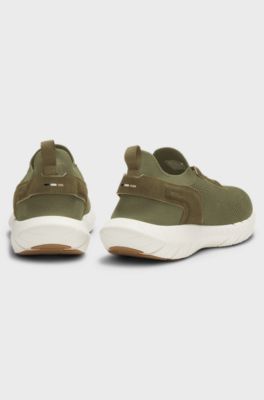 BOSS-MOTION trainers with knitted uppers and leather trims, Olive