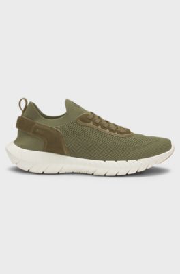 BOSS-MOTION trainers with knitted uppers and leather trims, Olive