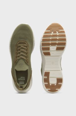 BOSS-MOTION trainers with knitted uppers and leather trims, Olive