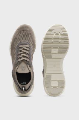 Sneakers van BOSS-MOTION met gebreide bovenzijde en leren details, Kalk