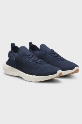 Sneakers BOSS-MOTION con tomaia in maglia e rifiniture in pelle, Blu scuro