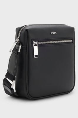 Reporter bag in pelle martellata con scritta del logo, Nero
