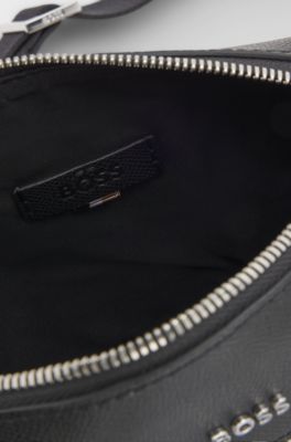 Reporter bag in pelle martellata con scritta del logo, Nero