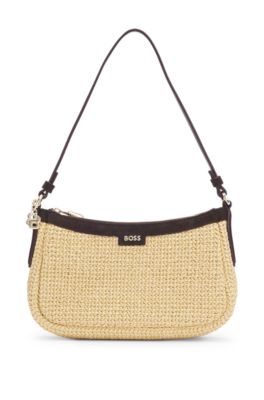 Raffia shoulder bag with Double B monogram charm, Beige