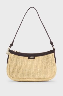 Raffia shoulder bag with Double B monogram charm, Beige
