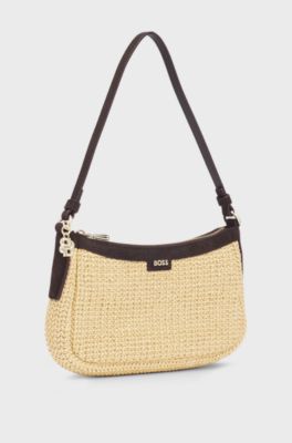 Raffia shoulder bag with Double B monogram charm, Beige