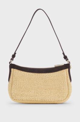 Raffia shoulder bag with Double B monogram charm, Beige