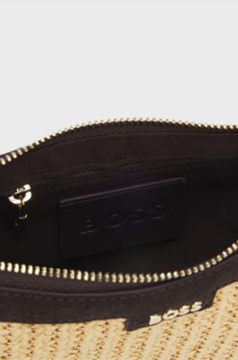 Raffia shoulder bag with Double B monogram charm, Beige