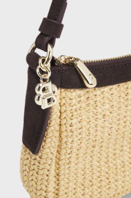 Raffia shoulder bag with Double B monogram charm, Beige
