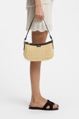 Raffia shoulder bag with Double B monogram charm, Beige