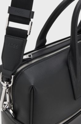 Aktentasche aus genarbtem Leder mit Logo-Schriftzug, Schwarz