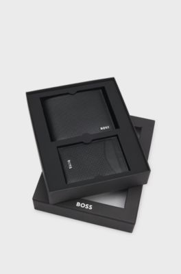 Embossed-leather card holder and wallet gift set, Black