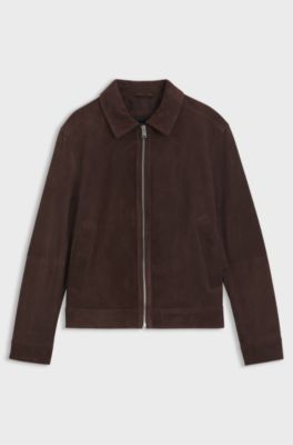 Suede leather jacket with zip closure, Dark Brown