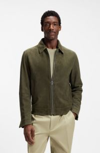 Suede leather jacket with zip closure, Dark Green