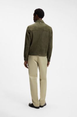Giubbotto in pelle scamosciata con chiusura a zip, Verde scuro