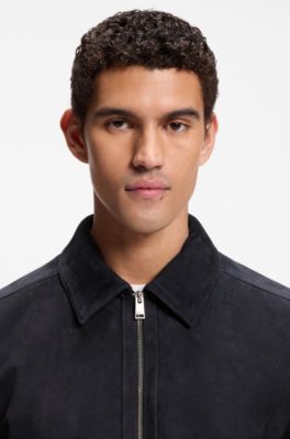 Suede leather jacket with zip closure, Dark Blue