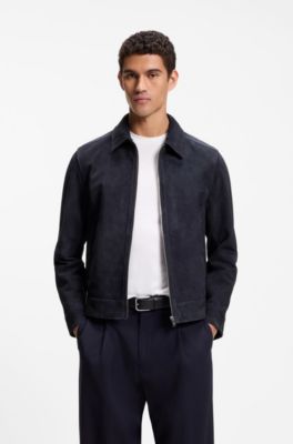 Suede leather jacket with zip closure, Dark Blue
