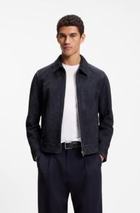 Suede leather jacket with zip closure, Dark Blue