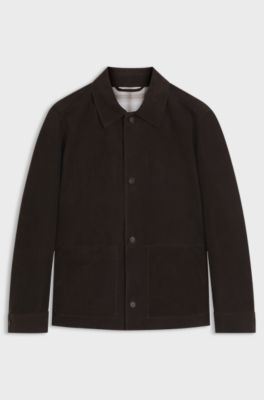 Button-up jacket in suede with checked lining, Dark Brown