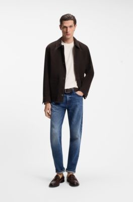 Button-up jacket in suede with checked lining, Dark Brown