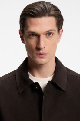Button-up jacket in suede with checked lining, Dark Brown