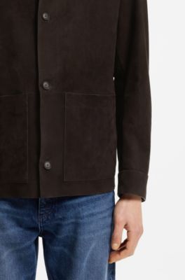 Button-up jacket in suede with checked lining, Dark Brown