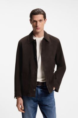 Button-up jacket in suede with checked lining, Dark Brown